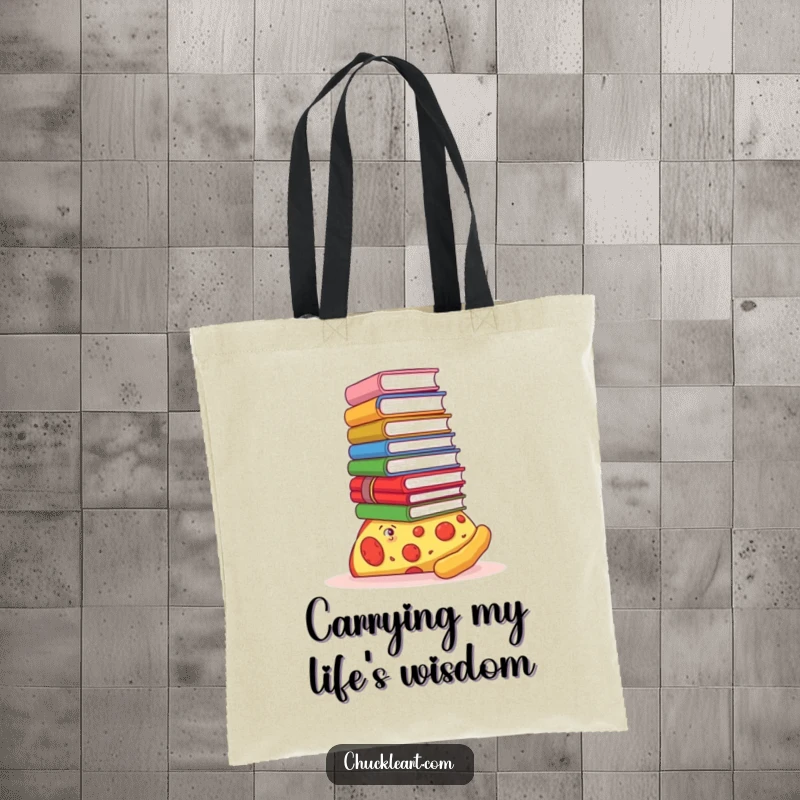 Funny tote bag showing a pizza slice trying to keep its balance with a huge pile of books stacked high on its crust.