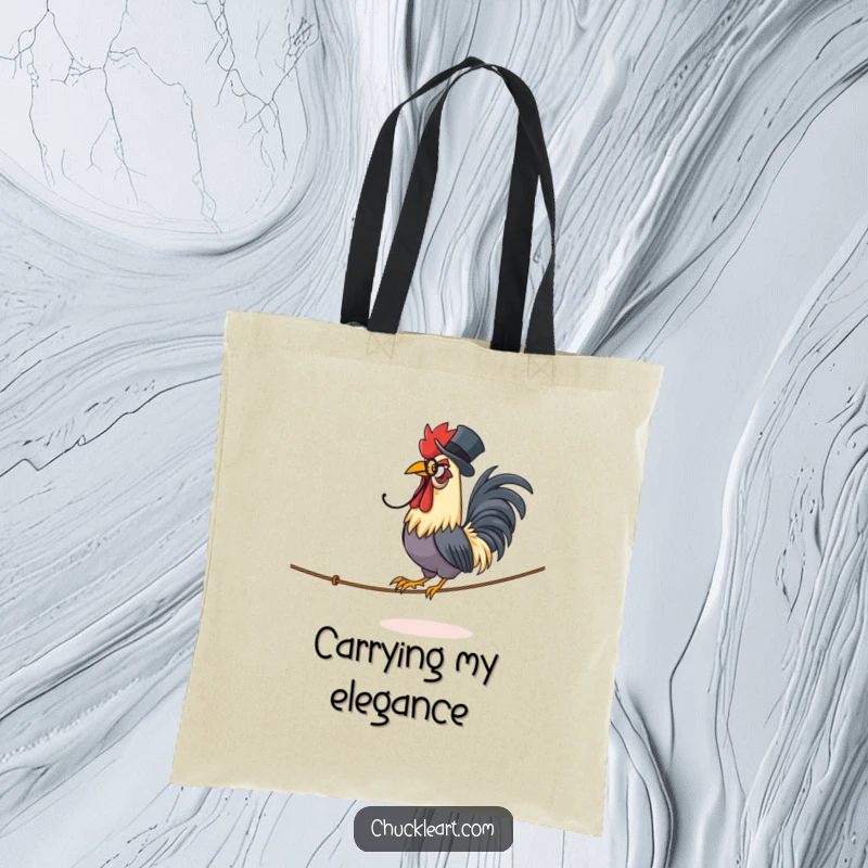 Funny tote bag displaying a proud rooster in a monocle and top hat, confidently walking a tightrope.