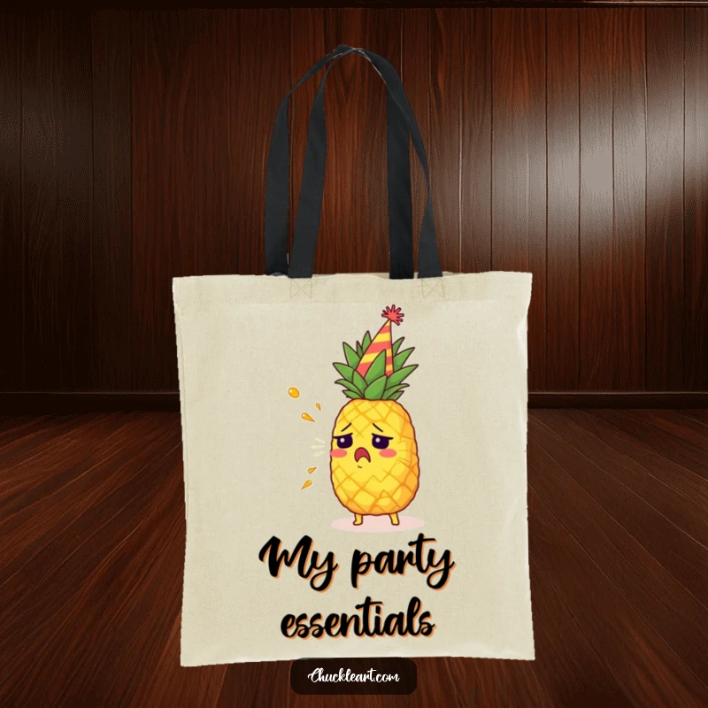Funny pineapple wearing a party hat, accidentally spraying juice, a humorous and durable tote bag.