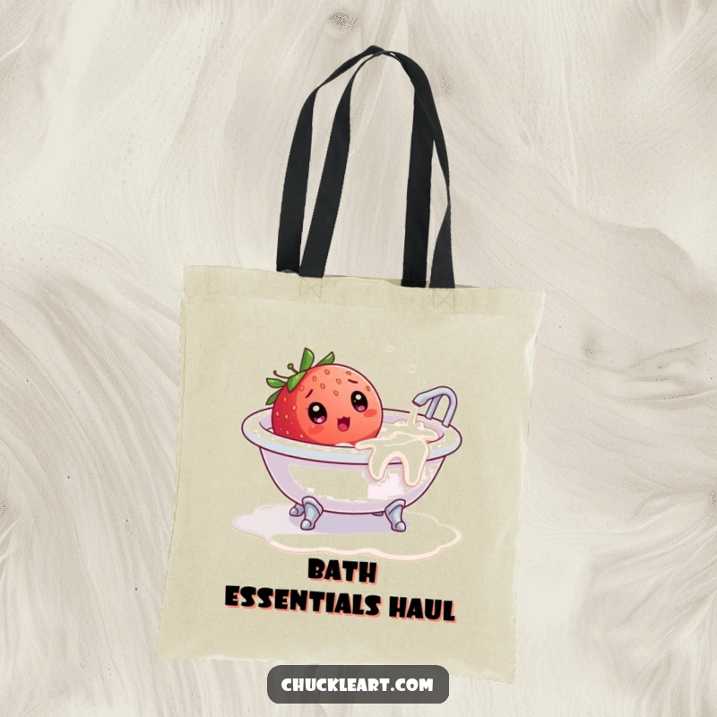 Funny tote bag with a surprised strawberry in an overflowing milk bathtub, ideal for shopping with a laugh.