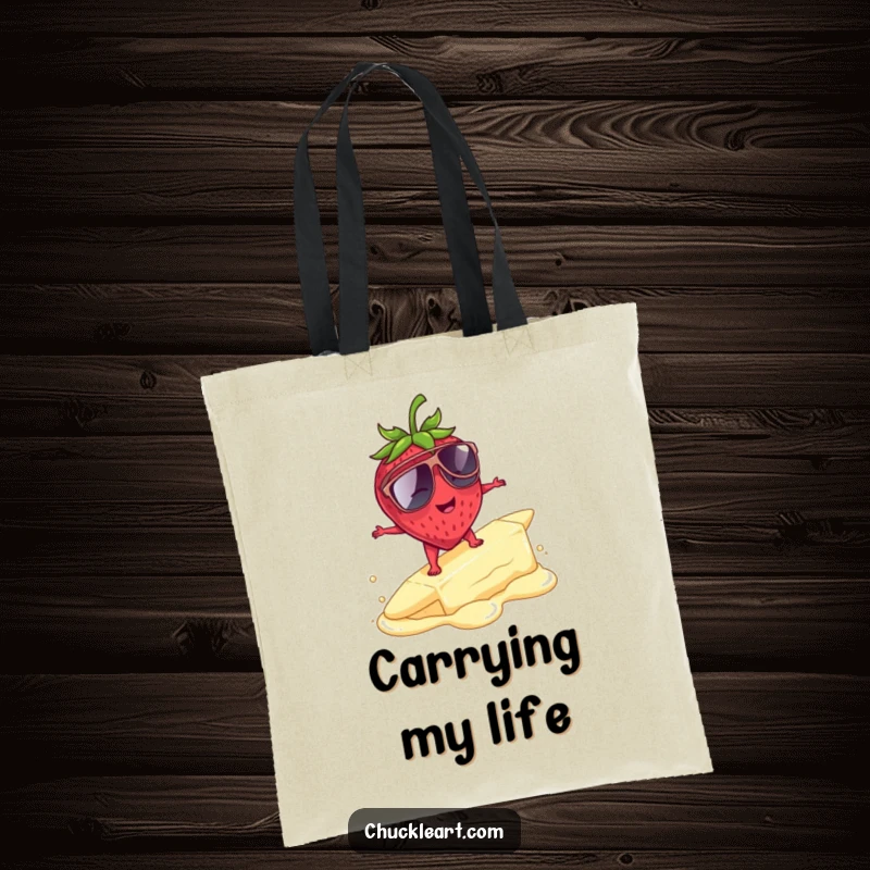 Funny strawberry wearing sunglasses surfing melting butter, a humorous and durable tote bag for everyday use.