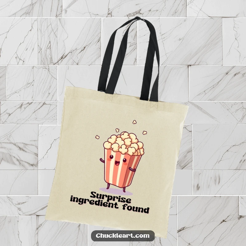 Funny tote bag illustrated with a piece of popcorn leaping out of its bag in a funny, surprising moment.