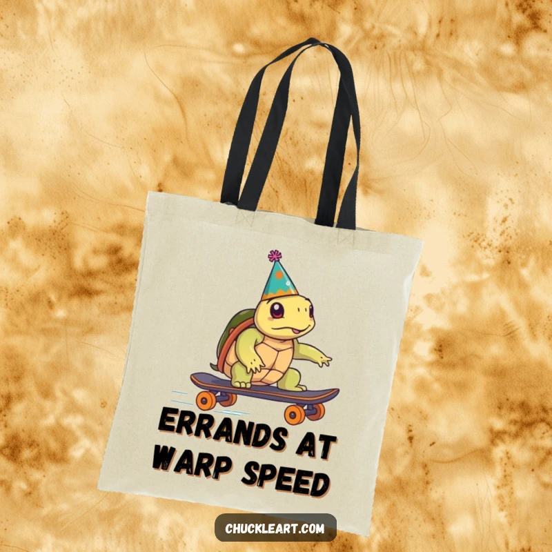 Funny turtle wearing a party hat humorously attempts speed on a skateboard, spilling items, on a durable tote bag, great for a funny gift.