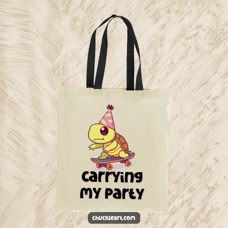 Funny tote bag showing a turtle in a party hat skateboarding fast, a quirky and functional accessory for carrying your essentials with humor.