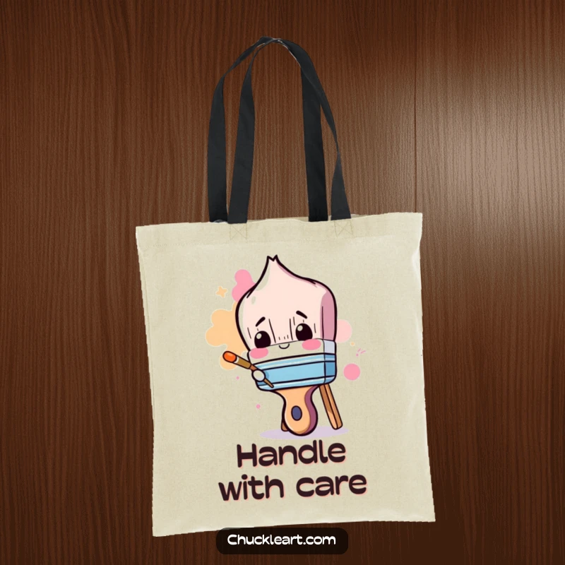 Funny tote bag with a clumsy paintbrush attempting to paint its own handle, perfect for art supplies.