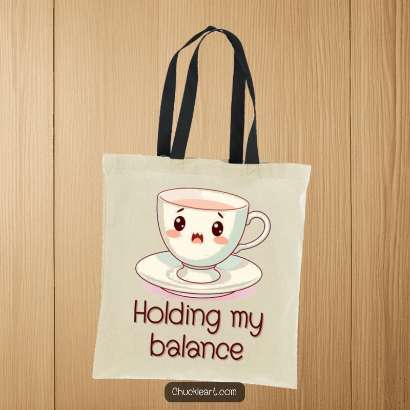 Funny spinning teacup tote bag, a surprised porcelain cup in mid-whirl, perfect for carrying essentials with a whimsical flair.