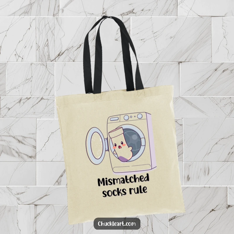 Funny tote bag showing a startled sock with a hole escaping a washing machine, a humorous everyday bag.