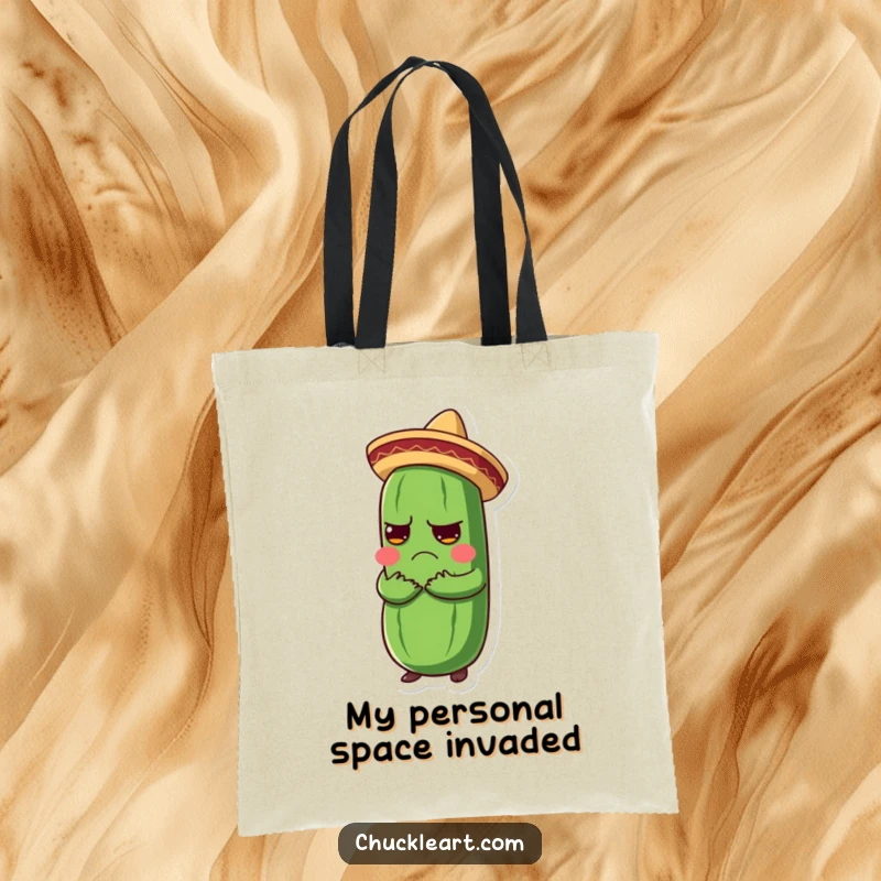 Funny tote bag with a grumpy pickle in a sombrero being hugged, perfect for carrying essentials with humor.