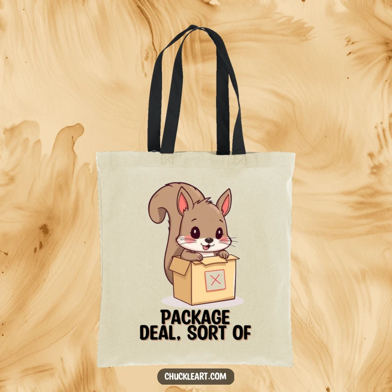 Funny tote bag depicting a squirrel humorously trying to mail itself in a tiny box, a quirky accessory for carrying goods and giggles.