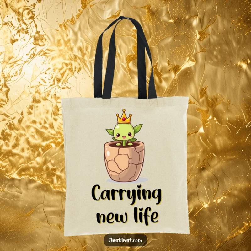 Durable tote bag featuring a proud little sprout wearing a crown, emerging triumphantly from a cracked pot.