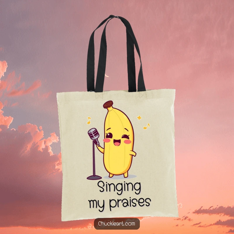 Funny tote bag featuring a smiling banana in a bow tie, hitting a high opera note with flair.