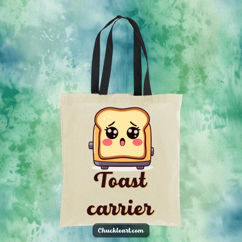 Funny shocked toast with eyes, popping out of a toaster, on a tote bag, a humorous accessory for daily tasks.